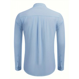 Camisa Oxford de manga comprida para homem, com botões e gola de banda, ideal para o verão na praia.