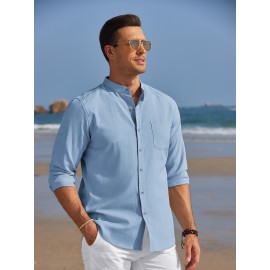 Camisa Oxford de manga comprida para homem, com botões e gola de banda, ideal para o verão na praia.