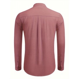 Camisa Oxford de manga comprida para homem, com botões e gola de banda, ideal para o verão na praia.