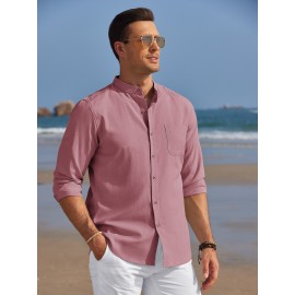 Camisa Oxford de manga comprida para homem, com botões e gola de banda, ideal para o verão na praia.