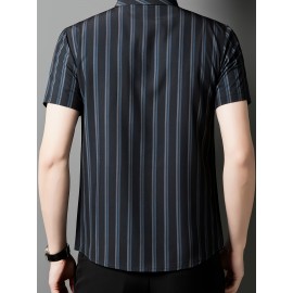 Camisa de manga curta para homem JOSFOND - Azul Marinho com Listras, Casual, Sem Ferro, Ajuste Slim, Perfeita para Adultos, Vestuário Casual|Padrão Listrado|Camisa Ajuste Slim