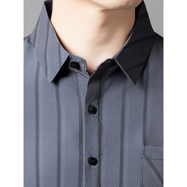 Camisa de manga curta para homem JOSFOND - Azul Marinho com Listras, Casual, Sem Ferro, Ajuste Slim, Perfeita para Adultos, Vestuário Casual|Padrão Listrado|Camisa Ajuste Slim