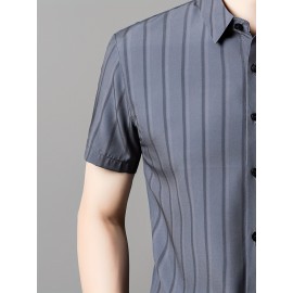 Camisa de manga curta para homem JOSFOND - Azul Marinho com Listras, Casual, Sem Ferro, Ajuste Slim, Perfeita para Adultos, Vestuário Casual|Padrão Listrado|Camisa Ajuste Slim