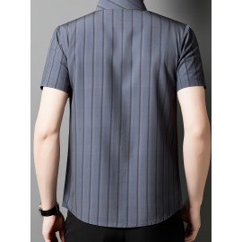 Camisa de manga curta para homem JOSFOND - Azul Marinho com Listras, Casual, Sem Ferro, Ajuste Slim, Perfeita para Adultos, Vestuário Casual|Padrão Listrado|Camisa Ajuste Slim