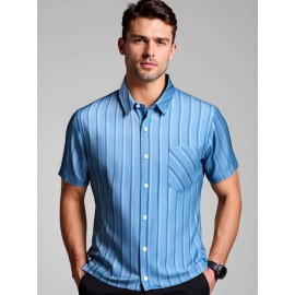 Camisa de manga curta para homem JOSFOND - Azul Marinho com Listras, Casual, Sem Ferro, Ajuste Slim, Perfeita para Adultos, Vestuário Casual|Padrão Listrado|Camisa Ajuste Slim