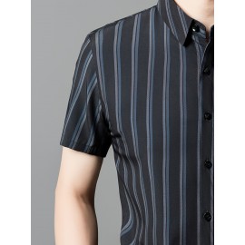 Camisa de manga curta para homem JOSFOND - Azul Marinho com Listras, Casual, Sem Ferro, Ajuste Slim, Perfeita para Adultos, Vestuário Casual|Padrão Listrado|Camisa Ajuste Slim