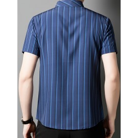 Camisa de manga curta para homem JOSFOND - Azul Marinho com Listras, Casual, Sem Ferro, Ajuste Slim, Perfeita para Adultos, Vestuário Casual|Padrão Listrado|Camisa Ajuste Slim