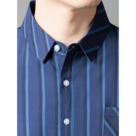 Camisa de manga curta para homem JOSFOND - Azul Marinho com Listras, Casual, Sem Ferro, Ajuste Slim, Perfeita para Adultos, Vestuário Casual|Padrão Listrado|Camisa Ajuste Slim