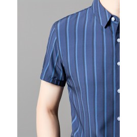 Camisa de manga curta para homem JOSFOND - Azul Marinho com Listras, Casual, Sem Ferro, Ajuste Slim, Perfeita para Adultos, Vestuário Casual|Padrão Listrado|Camisa Ajuste Slim