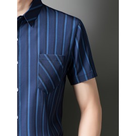 Camisa de manga curta para homem JOSFOND - Azul Marinho com Listras, Casual, Sem Ferro, Ajuste Slim, Perfeita para Adultos, Vestuário Casual|Padrão Listrado|Camisa Ajuste Slim
