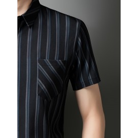 Camisa de manga curta para homem JOSFOND - Azul Marinho com Listras, Casual, Sem Ferro, Ajuste Slim, Perfeita para Adultos, Vestuário Casual|Padrão Listrado|Camisa Ajuste Slim
