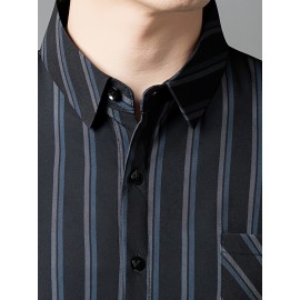 Camisa de manga curta para homem JOSFOND - Azul Marinho com Listras, Casual, Sem Ferro, Ajuste Slim, Perfeita para Adultos, Vestuário Casual|Padrão Listrado|Camisa Ajuste Slim