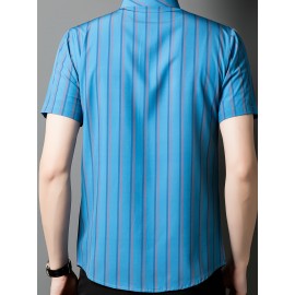 Camisa de manga curta para homem JOSFOND - Azul Marinho com Listras, Casual, Sem Ferro, Ajuste Slim, Perfeita para Adultos, Vestuário Casual|Padrão Listrado|Camisa Ajuste Slim