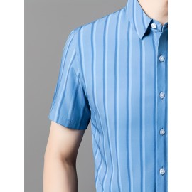 Camisa de manga curta para homem JOSFOND - Azul Marinho com Listras, Casual, Sem Ferro, Ajuste Slim, Perfeita para Adultos, Vestuário Casual|Padrão Listrado|Camisa Ajuste Slim