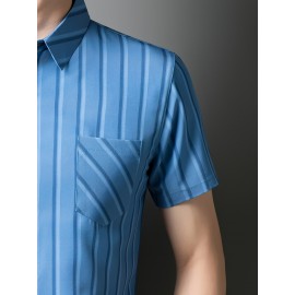 Camisa de manga curta para homem JOSFOND - Azul Marinho com Listras, Casual, Sem Ferro, Ajuste Slim, Perfeita para Adultos, Vestuário Casual|Padrão Listrado|Camisa Ajuste Slim