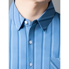Camisa de manga curta para homem JOSFOND - Azul Marinho com Listras, Casual, Sem Ferro, Ajuste Slim, Perfeita para Adultos, Vestuário Casual|Padrão Listrado|Camisa Ajuste Slim