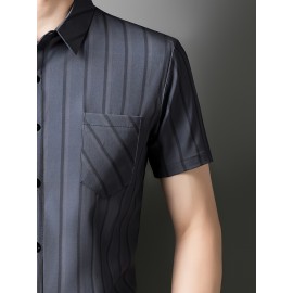 Camisa de manga curta para homem JOSFOND - Azul Marinho com Listras, Casual, Sem Ferro, Ajuste Slim, Perfeita para Adultos, Vestuário Casual|Padrão Listrado|Camisa Ajuste Slim