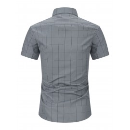 Camisa Masculina de Verão Xadrez Manga Curta - Resistente a Rugas, Sem Passar, Gola Alta com Botões, Estampa Quadriculada em Cor Sólida, Slim Fit Casual para Escritório e Dia a Dia, Leve e Respirável, Vestuário Profissional Moderno, Construção Durável, Ca