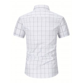 Camisa Masculina de Verão Xadrez Manga Curta - Resistente a Rugas, Sem Passar, Gola Alta com Botões, Estampa Quadriculada em Cor Sólida, Slim Fit Casual para Escritório e Dia a Dia, Leve e Respirável, Vestuário Profissional Moderno, Construção Durável, Ca