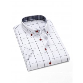 Camisa Masculina de Verão Xadrez Manga Curta - Resistente a Rugas, Sem Passar, Gola Alta com Botões, Estampa Quadriculada em Cor Sólida, Slim Fit Casual para Escritório e Dia a Dia, Leve e Respirável, Vestuário Profissional Moderno, Construção Durável, Ca