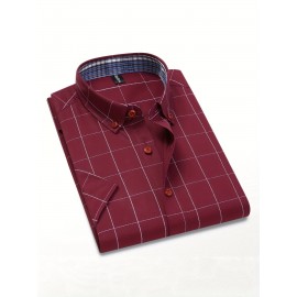 Camisa Masculina de Verão Xadrez Manga Curta - Resistente a Rugas, Sem Passar, Gola Alta com Botões, Estampa Quadriculada em Cor Sólida, Slim Fit Casual para Escritório e Dia a Dia, Leve e Respirável, Vestuário Profissional Moderno, Construção Durável, Ca