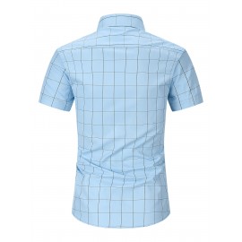 Camisa Masculina de Verão Xadrez Manga Curta - Resistente a Rugas, Sem Passar, Gola Alta com Botões, Estampa Quadriculada em Cor Sólida, Slim Fit Casual para Escritório e Dia a Dia, Leve e Respirável, Vestuário Profissional Moderno, Construção Durável, Ca