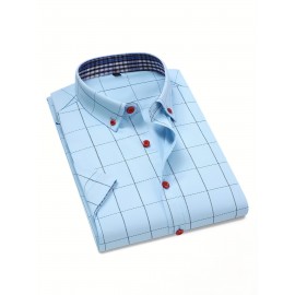 Camisa Masculina de Verão Xadrez Manga Curta - Resistente a Rugas, Sem Passar, Gola Alta com Botões, Estampa Quadriculada em Cor Sólida, Slim Fit Casual para Escritório e Dia a Dia, Leve e Respirável, Vestuário Profissional Moderno, Construção Durável, Ca
