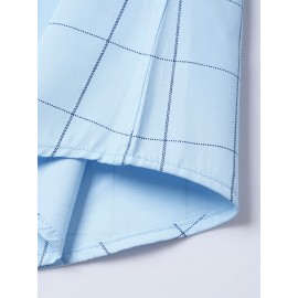 Camisa Masculina de Verão Xadrez Manga Curta - Resistente a Rugas, Sem Passar, Gola Alta com Botões, Estampa Quadriculada em Cor Sólida, Slim Fit Casual para Escritório e Dia a Dia, Leve e Respirável, Vestuário Profissional Moderno, Construção Durável, Ca