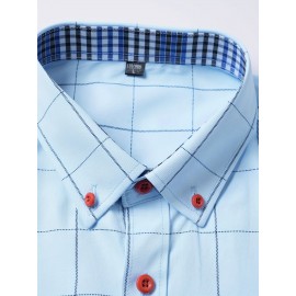Camisa Masculina de Verão Xadrez Manga Curta - Resistente a Rugas, Sem Passar, Gola Alta com Botões, Estampa Quadriculada em Cor Sólida, Slim Fit Casual para Escritório e Dia a Dia, Leve e Respirável, Vestuário Profissional Moderno, Construção Durável, Ca