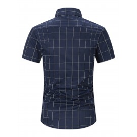 Camisa Masculina de Verão Xadrez Manga Curta - Resistente a Rugas, Sem Passar, Gola Alta com Botões, Estampa Quadriculada em Cor Sólida, Slim Fit Casual para Escritório e Dia a Dia, Leve e Respirável, Vestuário Profissional Moderno, Construção Durável, Ca