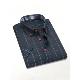 Camisa Masculina de Verão Xadrez Manga Curta - Resistente a Rugas, Sem Passar, Gola Alta com Botões, Estampa Quadriculada em Cor Sólida, Slim Fit Casual para Escritório e Dia a Dia, Leve e Respirável, Vestuário Profissional Moderno, Construção Durável, Ca