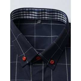 Camisa Masculina de Verão Xadrez Manga Curta - Resistente a Rugas, Sem Passar, Gola Alta com Botões, Estampa Quadriculada em Cor Sólida, Slim Fit Casual para Escritório e Dia a Dia, Leve e Respirável, Vestuário Profissional Moderno, Construção Durável, Ca