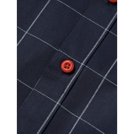 Camisa Masculina de Verão Xadrez Manga Curta - Resistente a Rugas, Sem Passar, Gola Alta com Botões, Estampa Quadriculada em Cor Sólida, Slim Fit Casual para Escritório e Dia a Dia, Leve e Respirável, Vestuário Profissional Moderno, Construção Durável, Ca