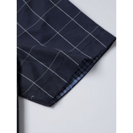 Camisa Masculina de Verão Xadrez Manga Curta - Resistente a Rugas, Sem Passar, Gola Alta com Botões, Estampa Quadriculada em Cor Sólida, Slim Fit Casual para Escritório e Dia a Dia, Leve e Respirável, Vestuário Profissional Moderno, Construção Durável, Ca