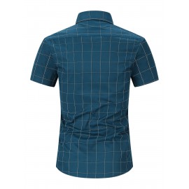 Camisa Masculina de Verão Xadrez Manga Curta - Resistente a Rugas, Sem Passar, Gola Alta com Botões, Estampa Quadriculada em Cor Sólida, Slim Fit Casual para Escritório e Dia a Dia, Leve e Respirável, Vestuário Profissional Moderno, Construção Durável, Ca