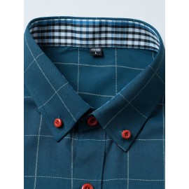 Camisa Masculina de Verão Xadrez Manga Curta - Resistente a Rugas, Sem Passar, Gola Alta com Botões, Estampa Quadriculada em Cor Sólida, Slim Fit Casual para Escritório e Dia a Dia, Leve e Respirável, Vestuário Profissional Moderno, Construção Durável, Ca