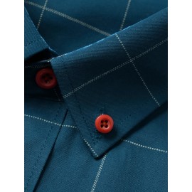 Camisa Masculina de Verão Xadrez Manga Curta - Resistente a Rugas, Sem Passar, Gola Alta com Botões, Estampa Quadriculada em Cor Sólida, Slim Fit Casual para Escritório e Dia a Dia, Leve e Respirável, Vestuário Profissional Moderno, Construção Durável, Ca