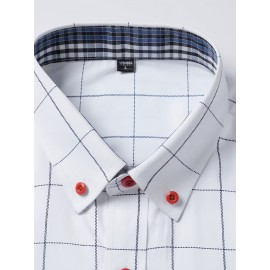 Camisa Masculina de Verão Xadrez Manga Curta - Resistente a Rugas, Sem Passar, Gola Alta com Botões, Estampa Quadriculada em Cor Sólida, Slim Fit Casual para Escritório e Dia a Dia, Leve e Respirável, Vestuário Profissional Moderno, Construção Durável, Ca