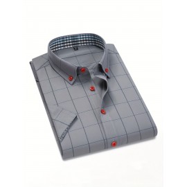 Camisa Masculina de Verão Xadrez Manga Curta - Resistente a Rugas, Sem Passar, Gola Alta com Botões, Estampa Quadriculada em Cor Sólida, Slim Fit Casual para Escritório e Dia a Dia, Leve e Respirável, Vestuário Profissional Moderno, Construção Durável, Ca