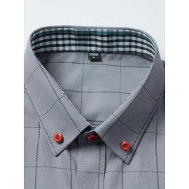 Camisa Masculina de Verão Xadrez Manga Curta - Resistente a Rugas, Sem Passar, Gola Alta com Botões, Estampa Quadriculada em Cor Sólida, Slim Fit Casual para Escritório e Dia a Dia, Leve e Respirável, Vestuário Profissional Moderno, Construção Durável, Ca