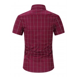 Camisa Masculina de Verão Xadrez Manga Curta - Resistente a Rugas, Sem Passar, Gola Alta com Botões, Estampa Quadriculada em Cor Sólida, Slim Fit Casual para Escritório e Dia a Dia, Leve e Respirável, Vestuário Profissional Moderno, Construção Durável, Ca