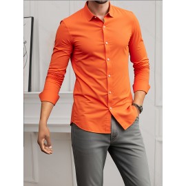 Camisa Social Masculina Elegante de Manga Longa - Gola Quadrada, Botões Simples com Barra Umbrella, Lavável em Máquina, Cor Sólida para Negócios Casual, Casamentos e Eventos ao Ar Livre, Confortável, Material Respirável, Estilo Clássico, Ideal para Ocasiõ