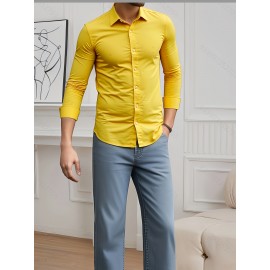 Camisa Social Masculina Elegante de Manga Longa - Gola Quadrada, Botões Simples com Barra Umbrella, Lavável em Máquina, Cor Sólida para Negócios Casual, Casamentos e Eventos ao Ar Livre, Confortável, Material Respirável, Estilo Clássico, Ideal para Ocasiõ