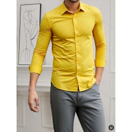 Camisa Social Masculina Elegante de Manga Longa - Gola Quadrada, Botões Simples com Barra Umbrella, Lavável em Máquina, Cor Sólida para Negócios Casual, Casamentos e Eventos ao Ar Livre, Confortável, Material Respirável, Estilo Clássico, Ideal para Ocasiõ