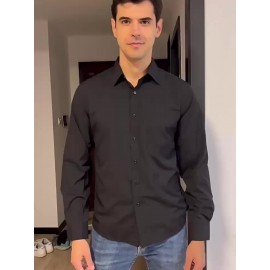 Conjunto de 3 Camisas Sociais Masculinas Slim Fit Manga Comprida - Azul-Petróleo, com Botões e Abotoadura Simples, para Todas as Estações, Vestuário Casual e de Negócios, Forro de Poliéster, Tamanhos Grandes Disponíveis, Camisas Versáteis | Camisa de Cor 