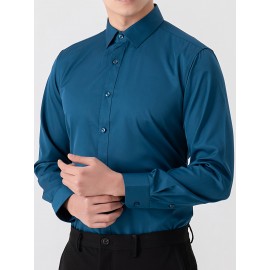 Conjunto de 3 Camisas Sociais Masculinas Slim Fit Manga Comprida - Azul-Petróleo, com Botões e Abotoadura Simples, para Todas as Estações, Vestuário Casual e de Negócios, Forro de Poliéster, Tamanhos Grandes Disponíveis, Camisas Versáteis | Camisa de Cor 