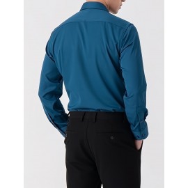 Conjunto de 3 Camisas Sociais Masculinas Slim Fit Manga Comprida - Azul-Petróleo, com Botões e Abotoadura Simples, para Todas as Estações, Vestuário Casual e de Negócios, Forro de Poliéster, Tamanhos Grandes Disponíveis, Camisas Versáteis | Camisa de Cor 