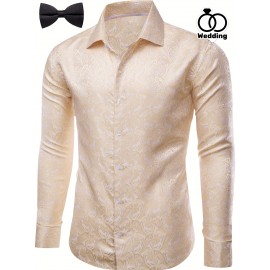 Camisa de Vestir Masculina Vintage Bege Paisley de Manga Longa - Tecido de Poliéster Luxuoso, Gola com Botões, Padrão Floral Elegante para Ocasiões Formais, Casamentos & Eventos de Negócios, Traje de Casamento | Camisa Masculina de Luxo | Camisa de Corte 