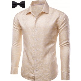Camisa de Vestir Masculina Vintage Bege Paisley de Manga Longa - Tecido de Poliéster Luxuoso, Gola com Botões, Padrão Floral Elegante para Ocasiões Formais, Casamentos & Eventos de Negócios, Traje de Casamento | Camisa Masculina de Luxo | Camisa de Corte 