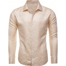 Camisa de Vestir Masculina Vintage Bege Paisley de Manga Longa - Tecido de Poliéster Luxuoso, Gola com Botões, Padrão Floral Elegante para Ocasiões Formais, Casamentos & Eventos de Negócios, Traje de Casamento | Camisa Masculina de Luxo | Camisa de Corte 